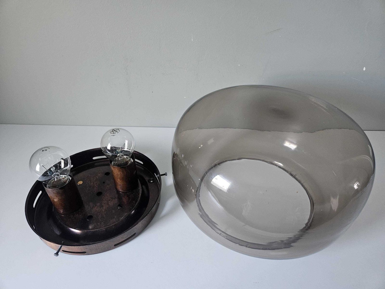 photo buy Vintage Glass Flush Mount Ceiling Light | Smoked Glass Shade | Copper Tone Fixture | Mid Century Style