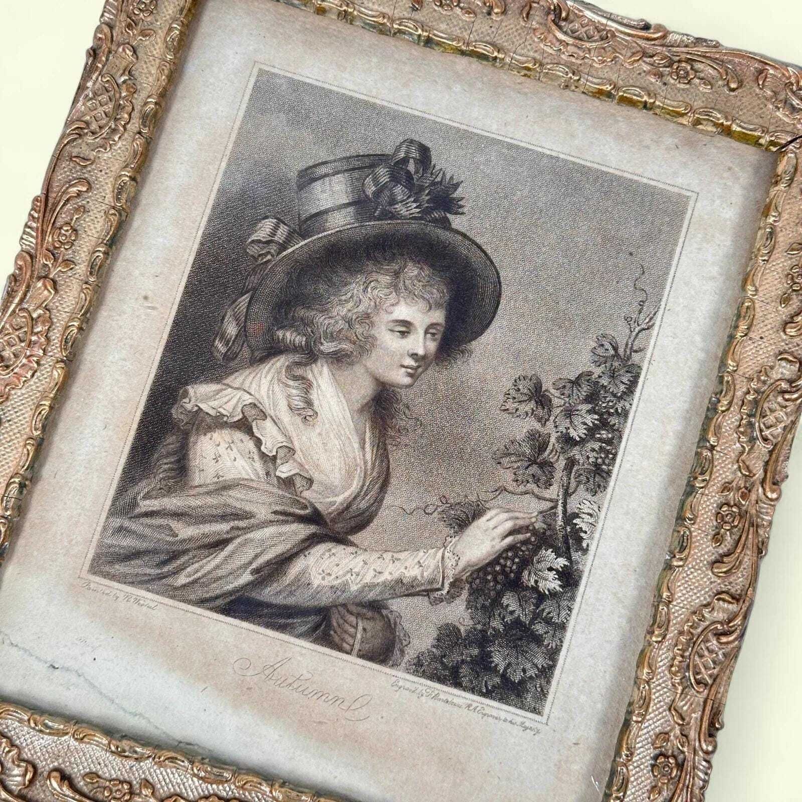Antique Bartolozzi Stipple Engravings Pair, Proof Print, R. Westall, Seasons, Gilt Frame photo vintage