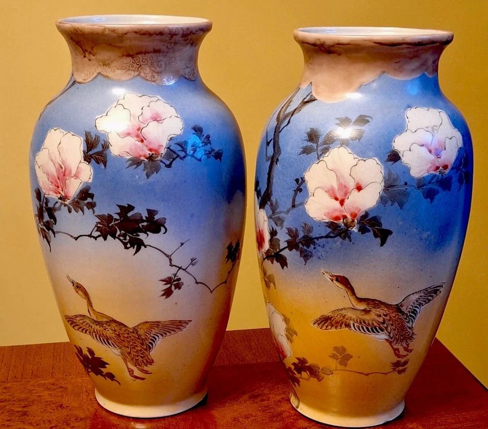 Antique Pair Large Japanese Satsuma Vases Depicts Geese & Blossoms Meiji Period