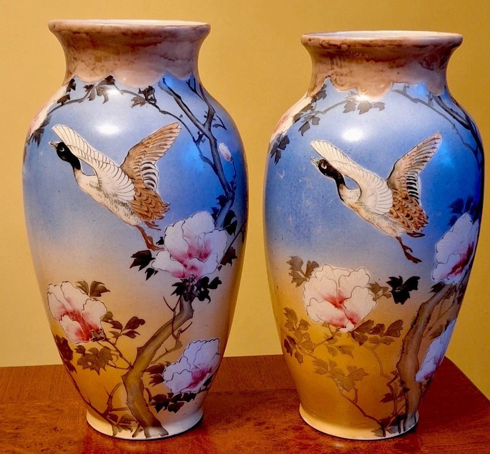 Antique Pair Large Japanese Satsuma Vases Depicts Geese & Blossoms Meiji Period photo vintage