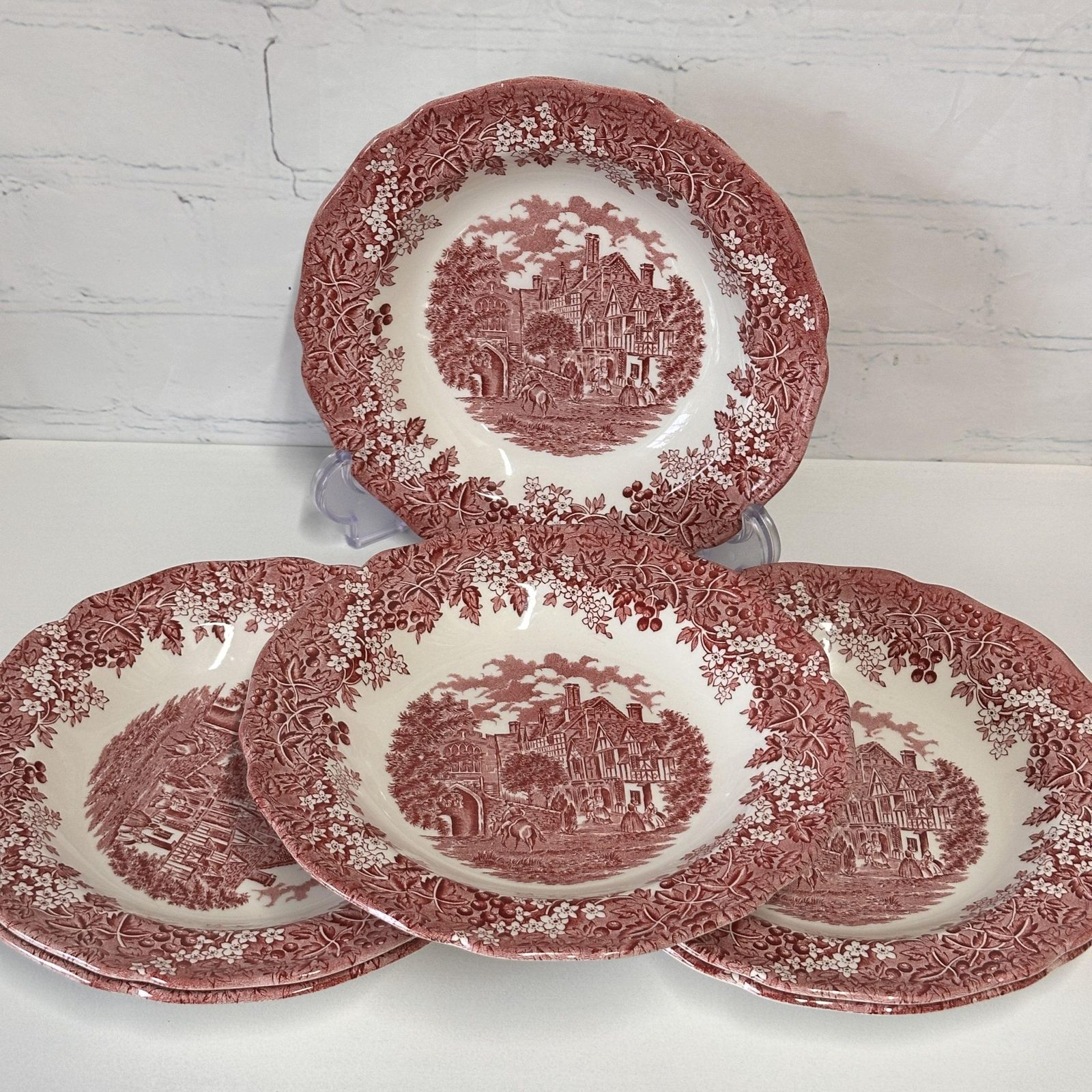 J & G Meakin Merrie England Red Transferware Soup Bowls Set Of 6 Vintage Ironstone photo furniture