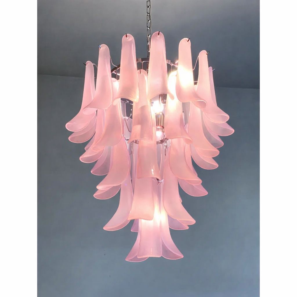 Contemporary Pink Frosted "Selle" Murano Glass Chandelier In Mazzega Style photo furniture