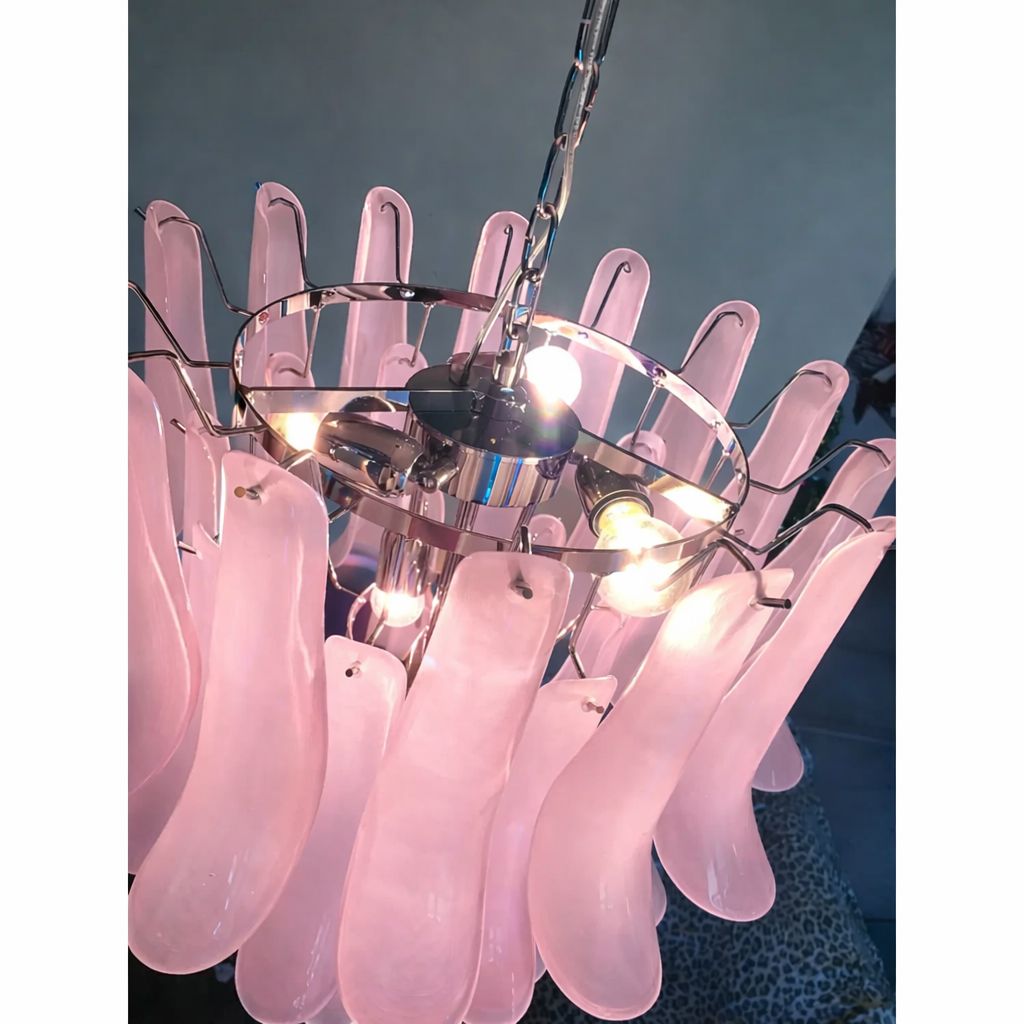 Contemporary Pink Frosted "Selle" Murano Glass Chandelier In Mazzega Style photo vinterior