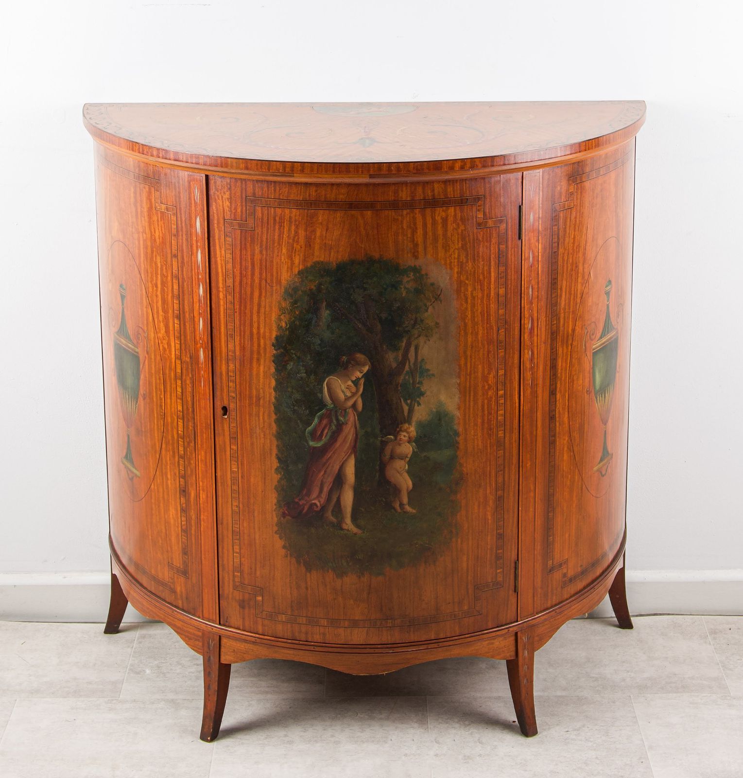 Victorian Satinwood Demi Lune Side Cabinet With Hand Painted Panels, C.1890 photo furniture