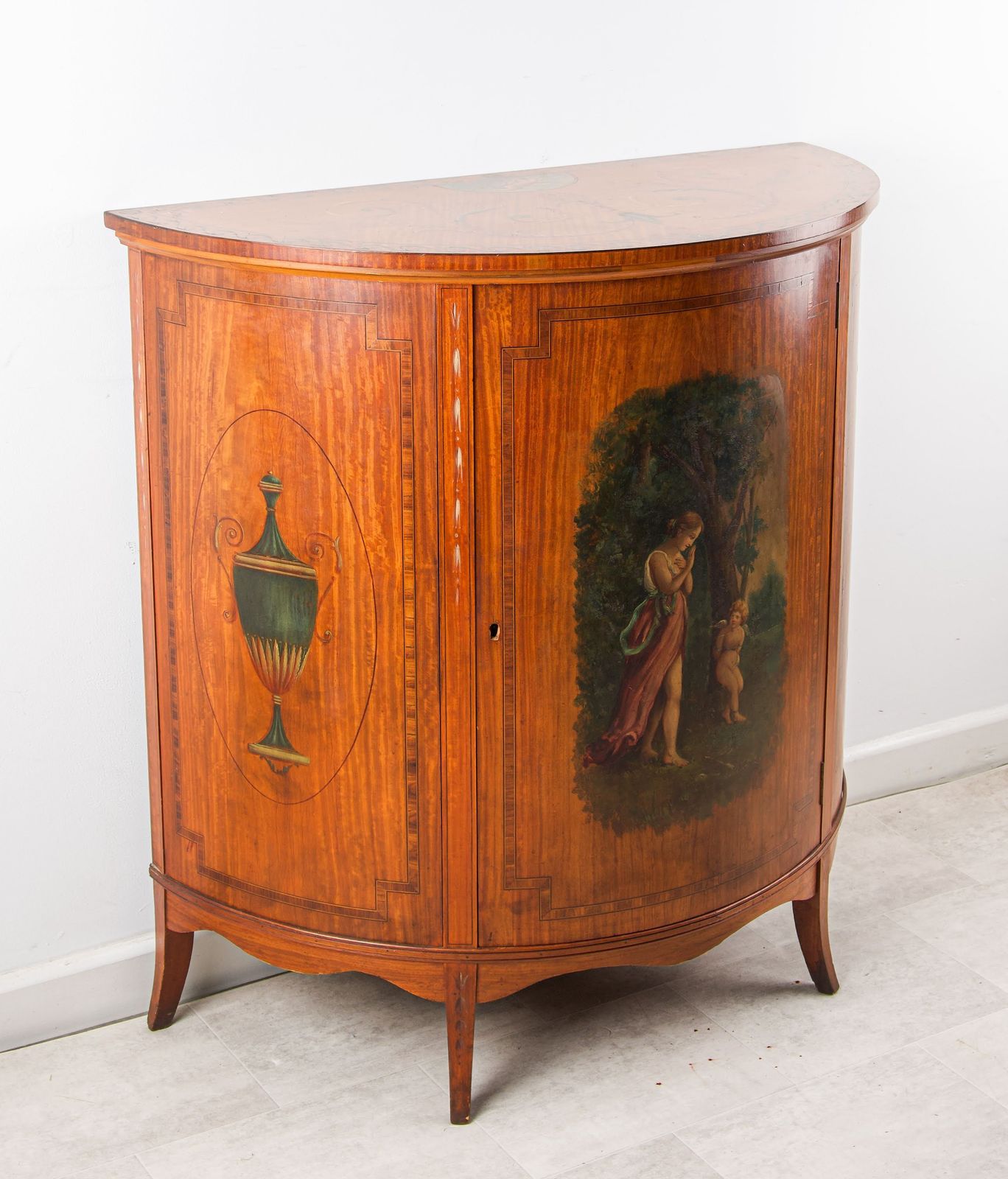 Victorian Satinwood Demi Lune Side Cabinet With Hand Painted Panels, C.1890 photo vinterior