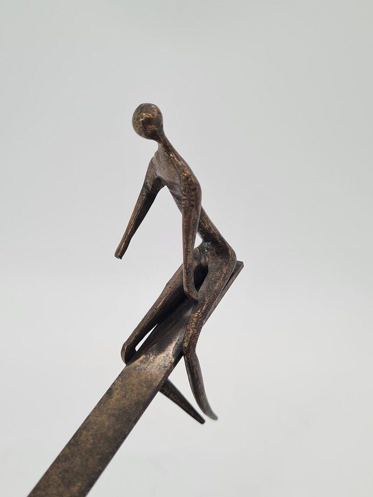 Vintage Figurative Sculpture Scene Of Balance In Patinated Metal, 1970s photo vintage