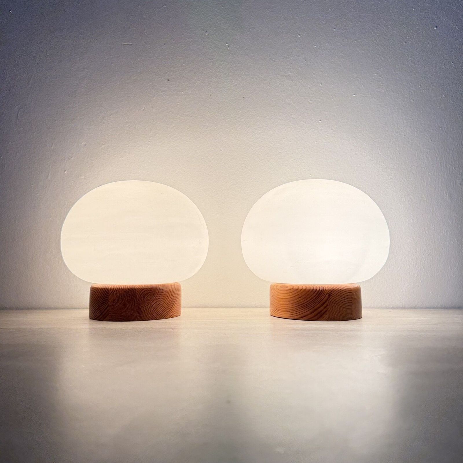 Set Of 2 Pine Wood And Opaline Glass Table Lamps , 1970s photo for sale