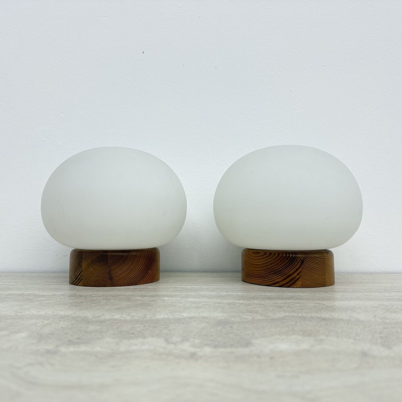 Set Of 2 Pine Wood And Opaline Glass Table Lamps , 1970s photo vinterior
