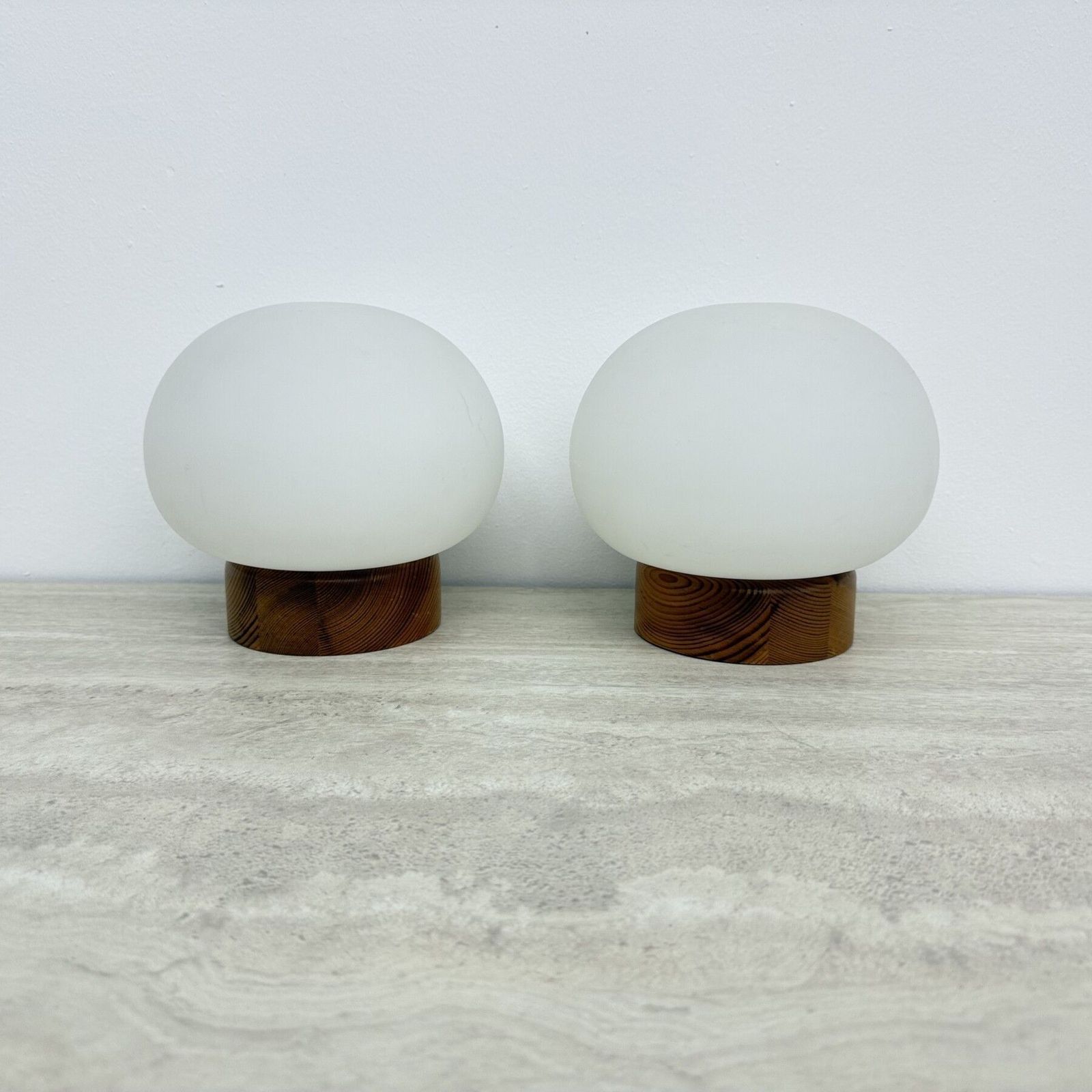 photo for sale Set Of 2 Pine Wood And Opaline Glass Table Lamps , 1970s