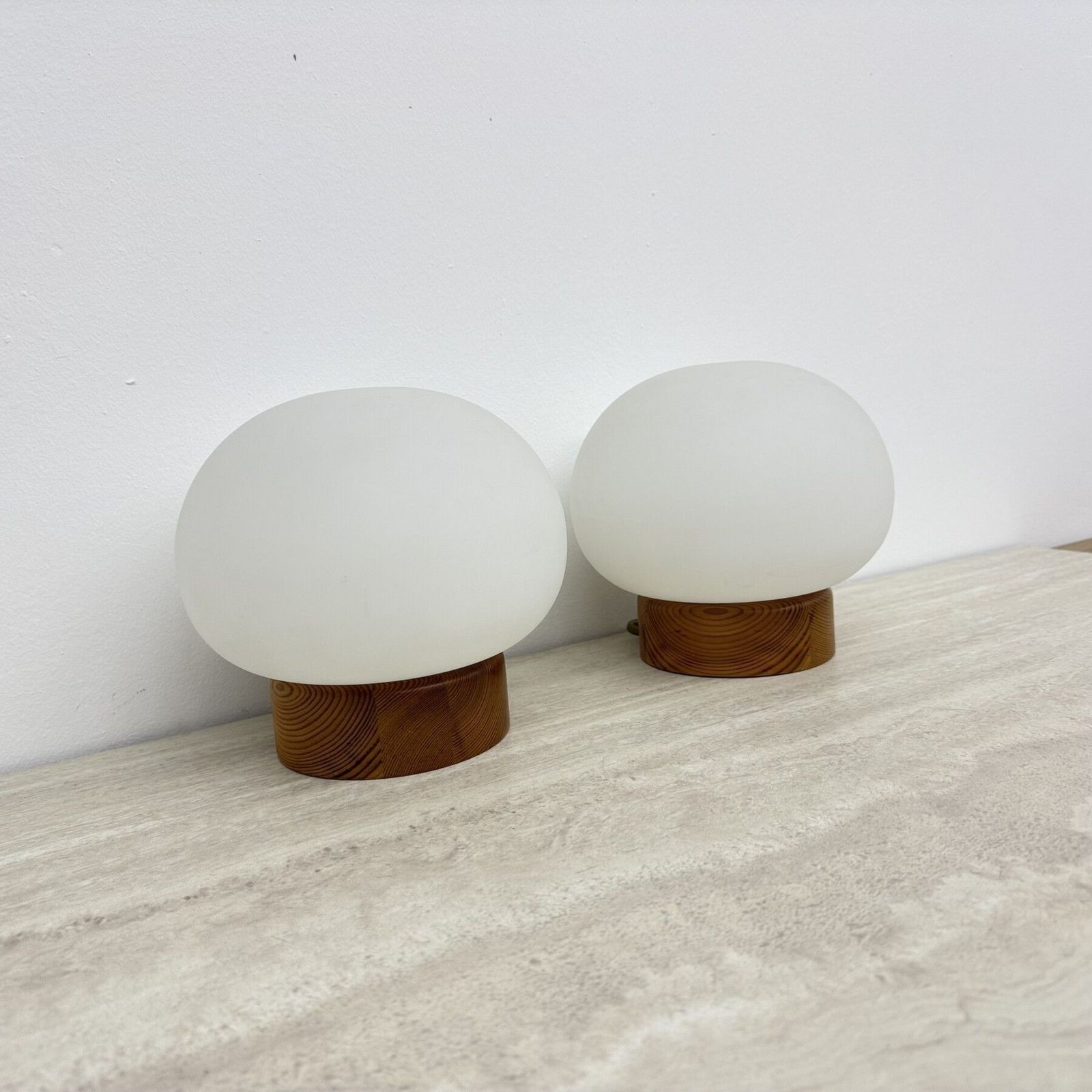 Lighting Set Of 2 Pine Wood And Opaline Glass Table Lamps , 1970s photo