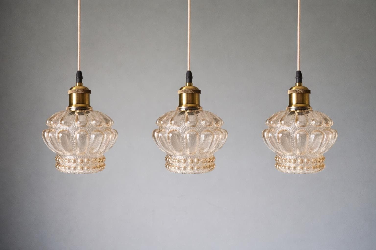 1 Of 3 / Vintage Textured Glass Pendant Light – Clear Bubble Glass, Mid Century Style, Amber Glass