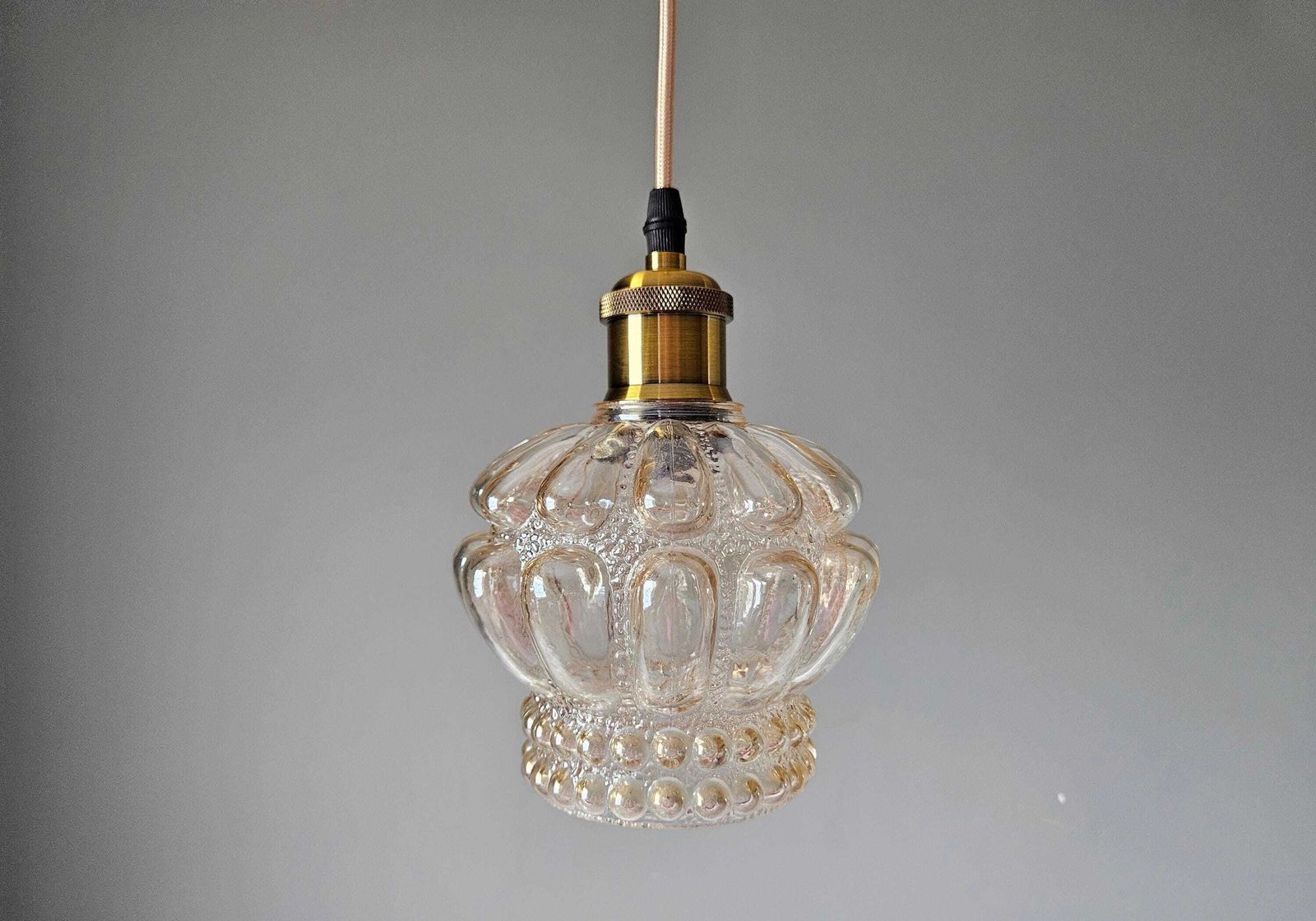 1 Of 3 / Vintage Textured Glass Pendant Light – Clear Bubble Glass, Mid Century Style, Amber Glass photo for sale