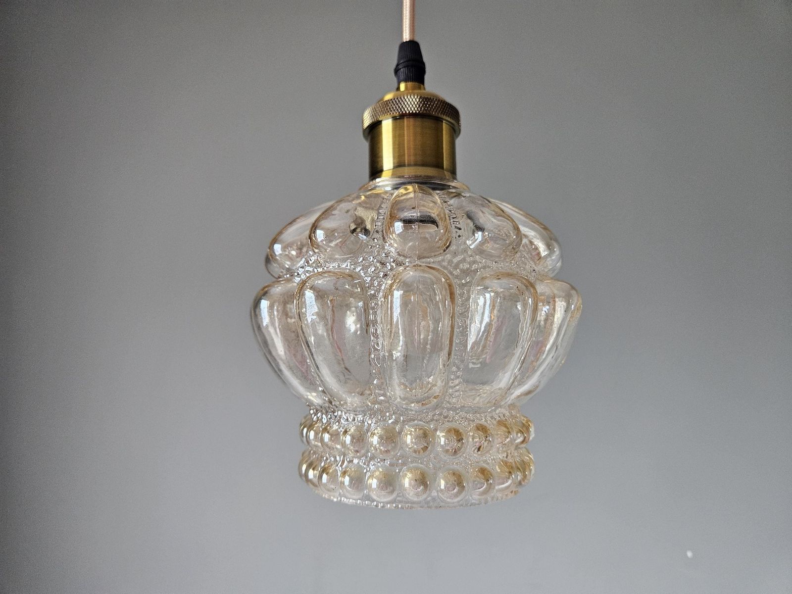 1 Of 3 / Vintage Textured Glass Pendant Light – Clear Bubble Glass, Mid Century Style, Amber Glass photo 120.0
