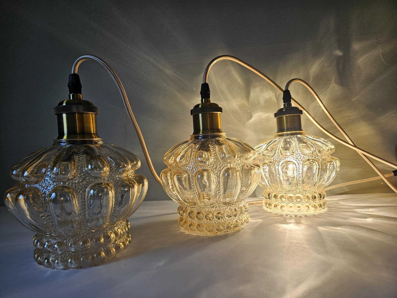 Lighting Set Of 3 / Vintage Textured Glass Pendant Light – Clear Bubble Glass, Mid Century Style, Amber Glass photo
