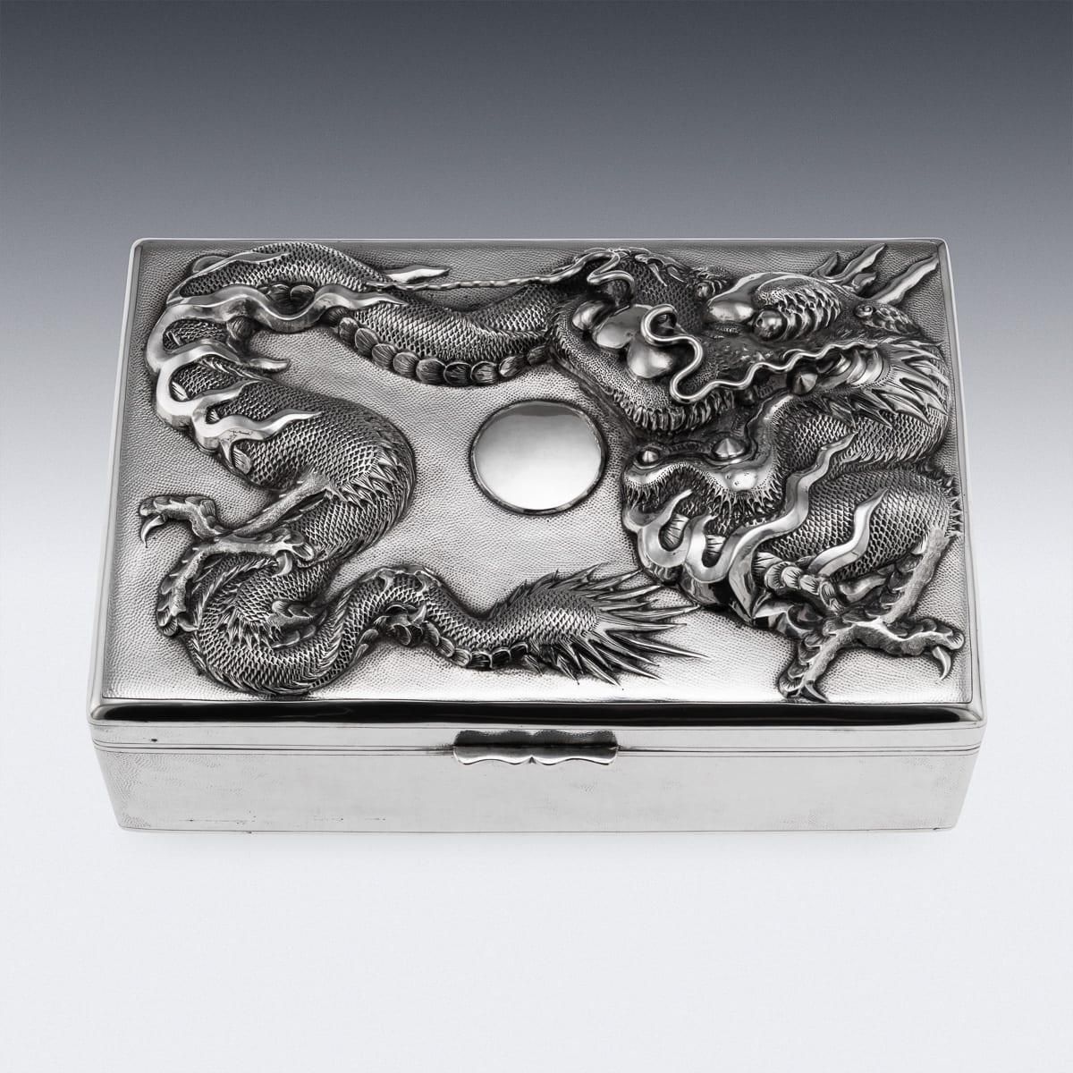 Antique Japanese Meiji Period Silver Humidor Box With Dragon Relief photo for sale