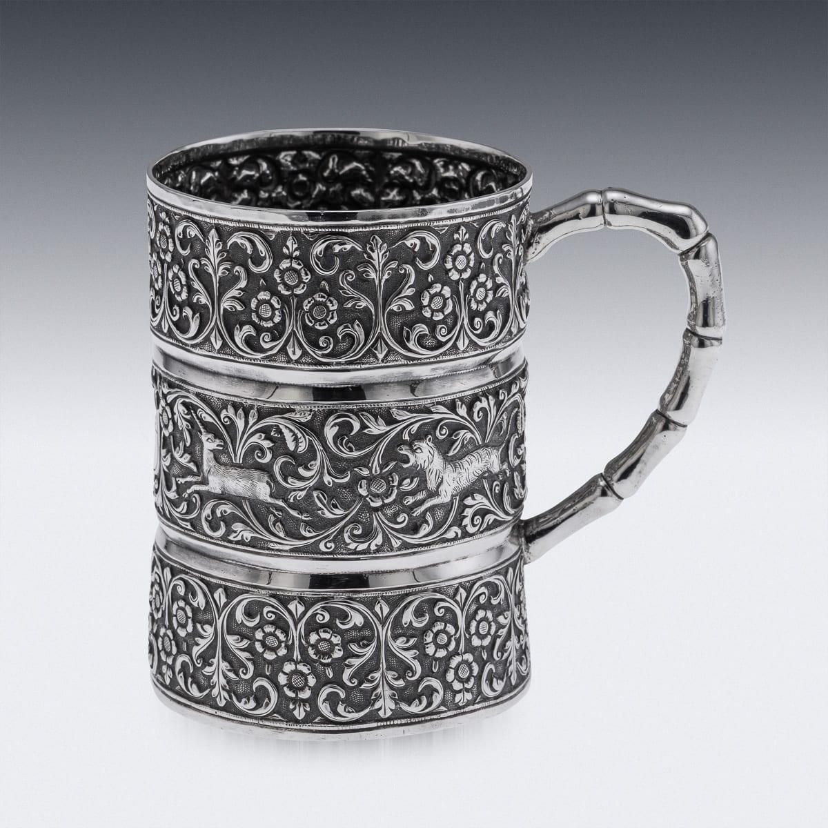 Antique Silver Mug By Oomersi Mawji, Kutch, Floral Repoussé, 1890 photo for sale