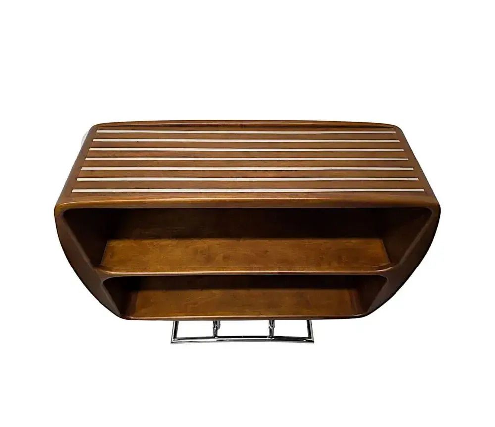 A Stunning Mid Century Design Cherrywood And Chrome Open Bookcase photo for sale