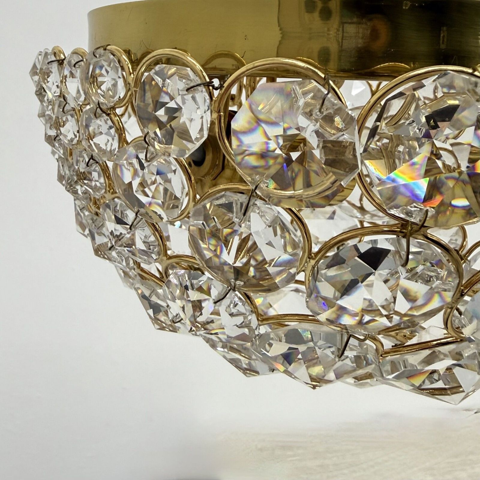 photo furniture Palwa Kristal En Messing Plafondlamp, Opbouwmontage, Jaren 1970