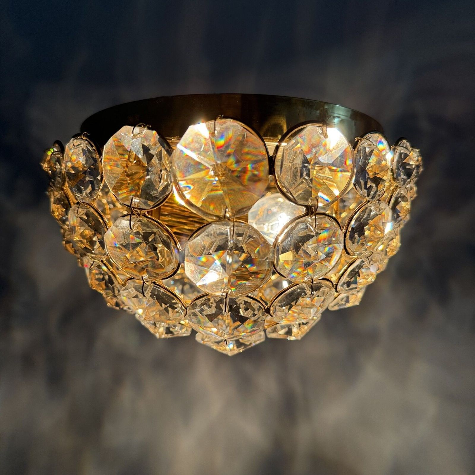 photo vintage Palwa Kristal En Messing Plafondlamp, Opbouwmontage, Jaren 1970