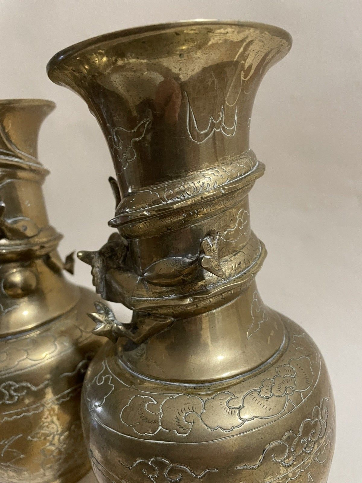 Pair Of  Heavy Brass Vases With Dragon Details Wrapped Round The Neck Vgc photo furniture