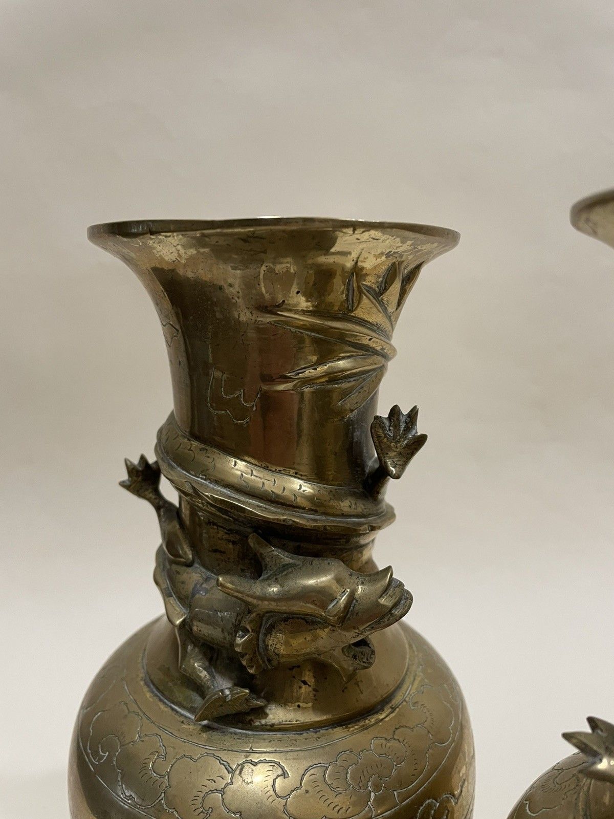 Pair Of  Heavy Brass Vases With Dragon Details Wrapped Round The Neck Vgc photo buy