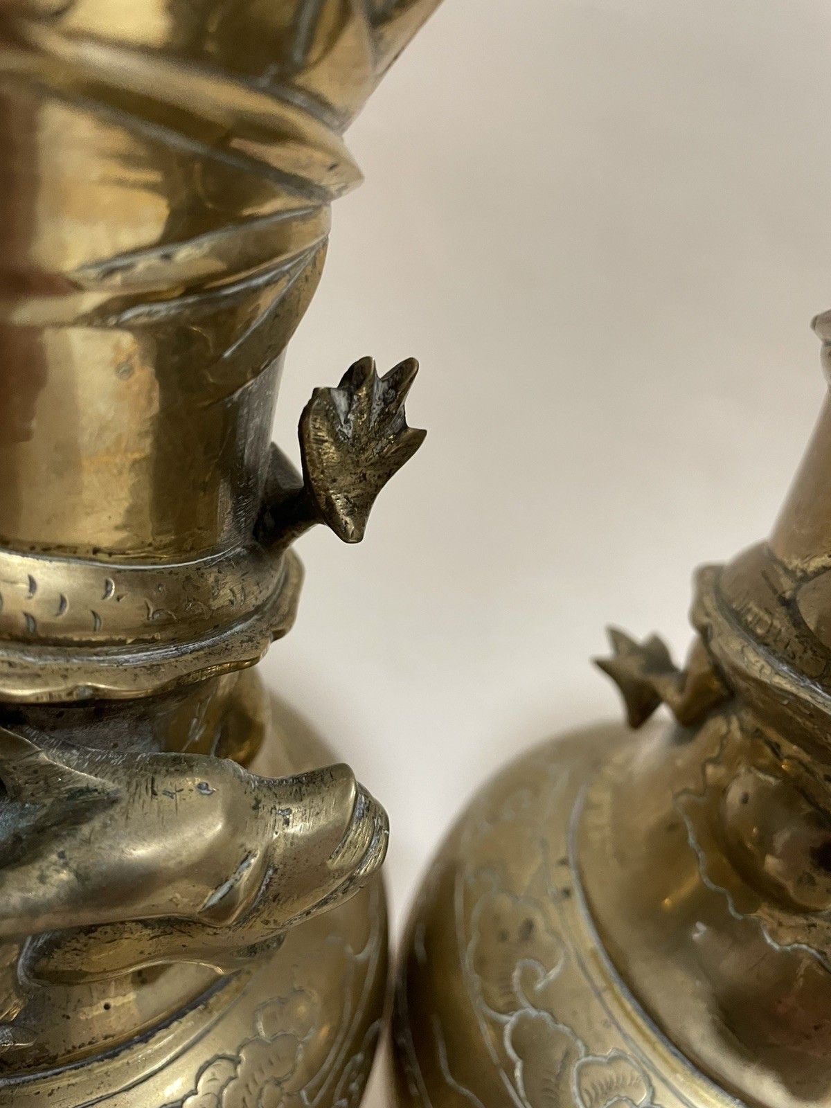 Pair Of  Heavy Brass Vases With Dragon Details Wrapped Round The Neck Vgc photo vintage