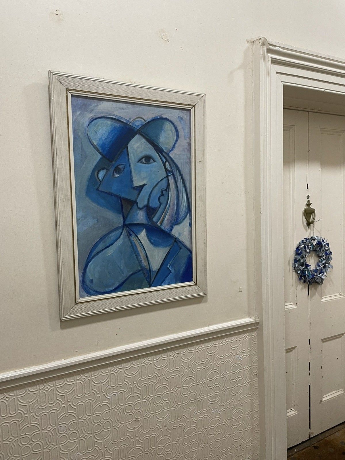 photo vintage Large Vintage Original Oil Painting  Style Of Picasso Blue Woman Portrait Framed