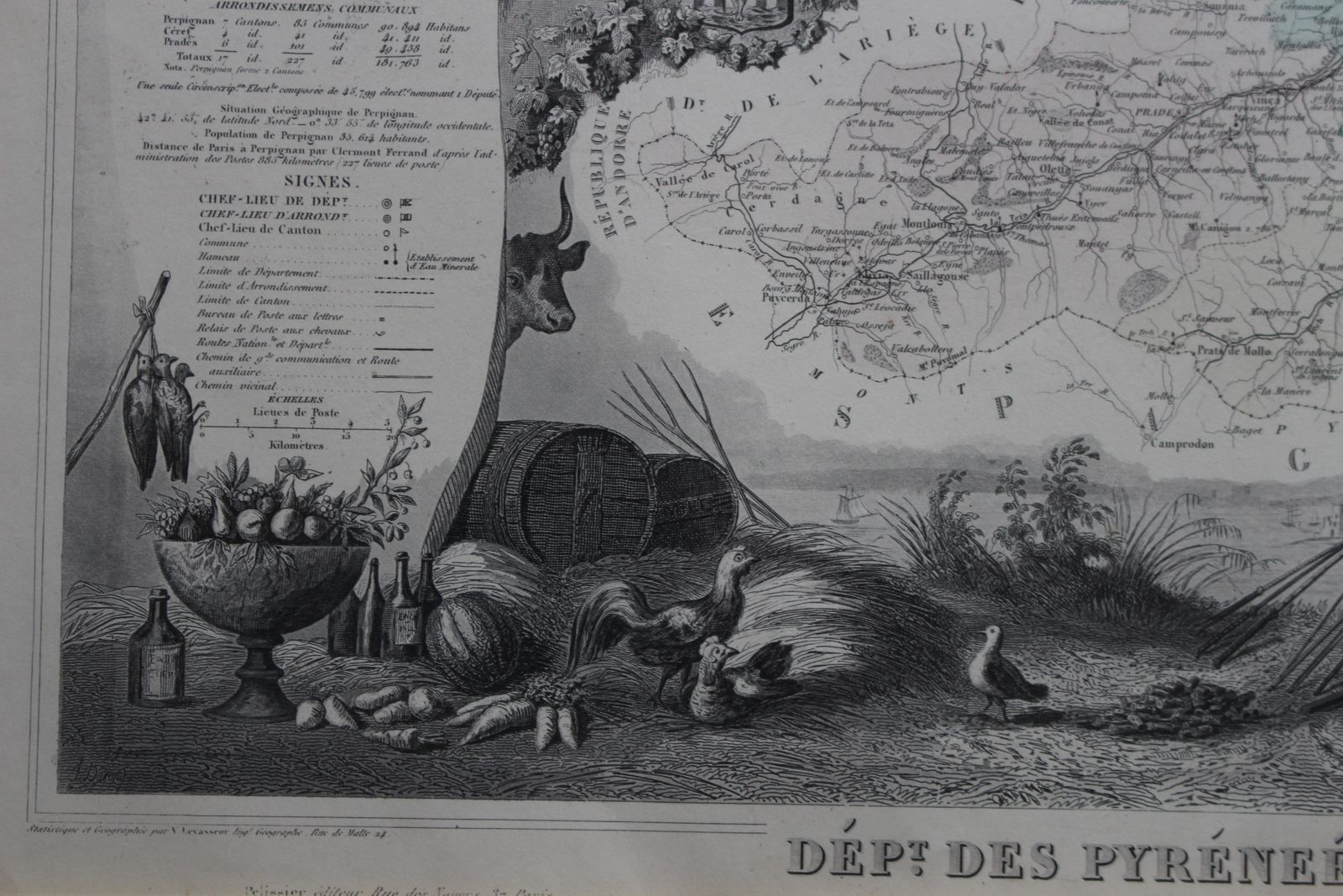 A Decorative Antique Map Titled "Dept. Des Pyrenees Orles" By  Victor Levasseur C1856 photo 120.0