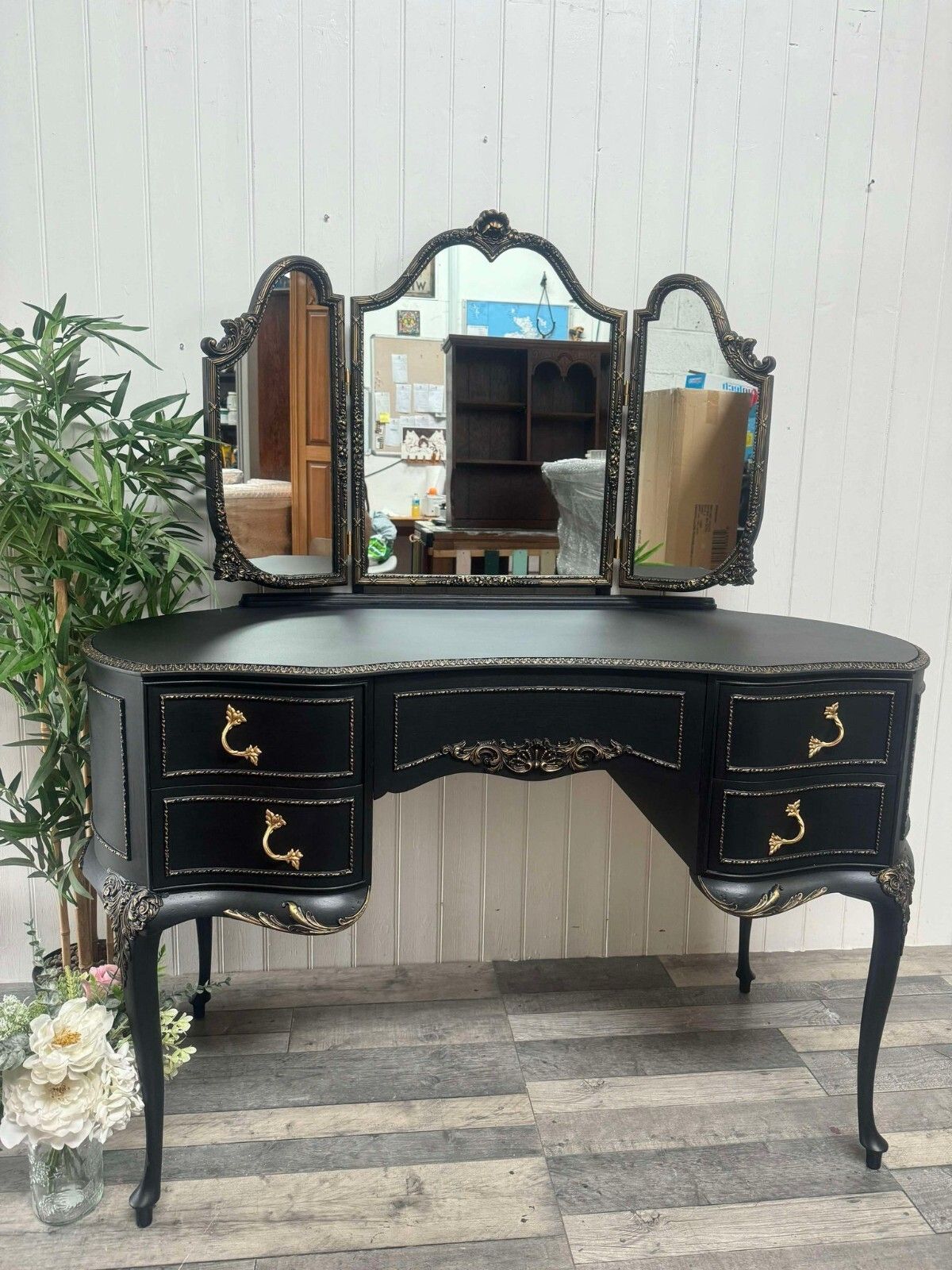 French Style Dressing Table With Triple Mirror  Ready To Upcycle photo vintage