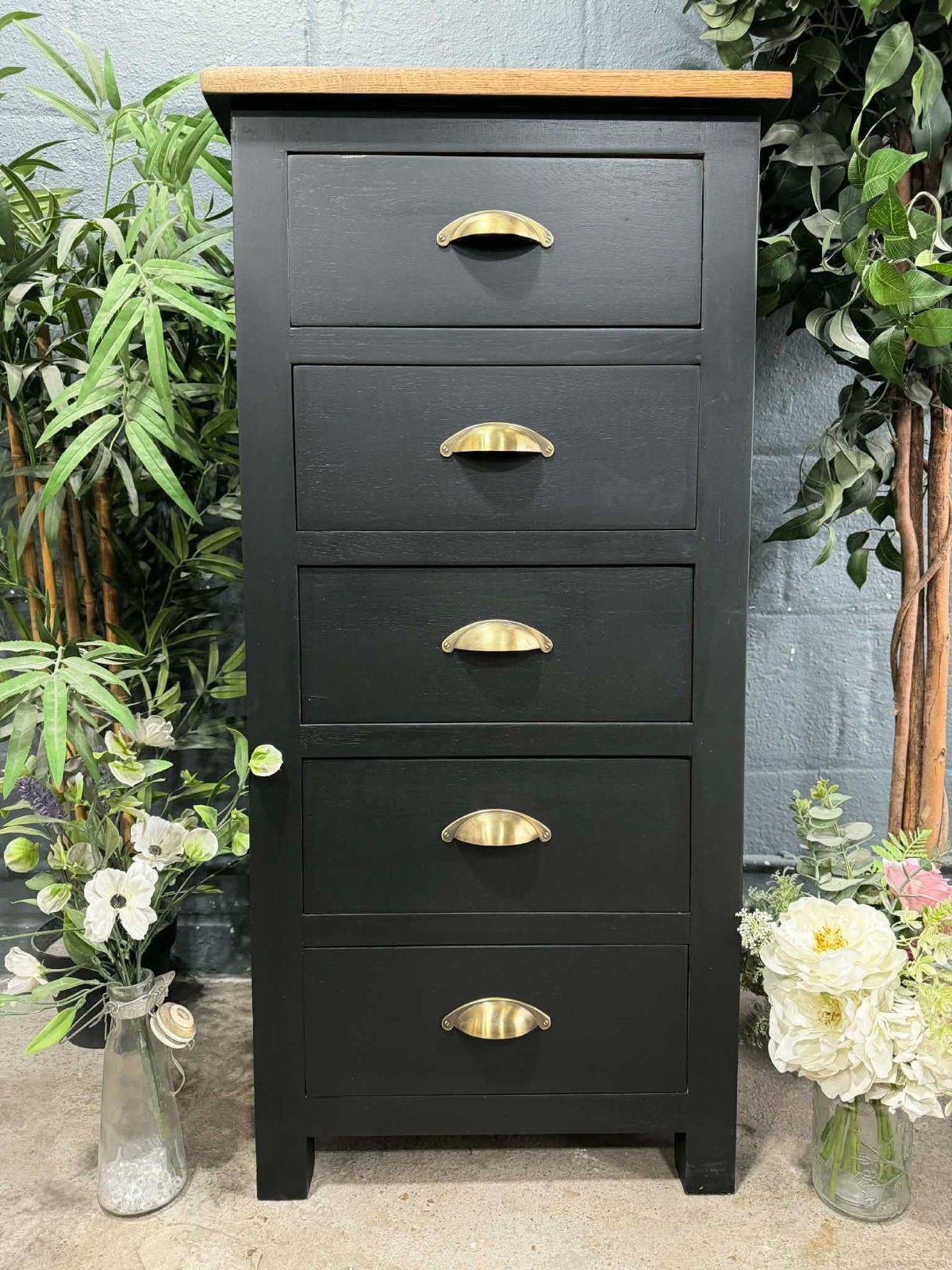 Professionally Hand Painted Oak Tall Chest Of Drawers Upcycled In Fusion Black