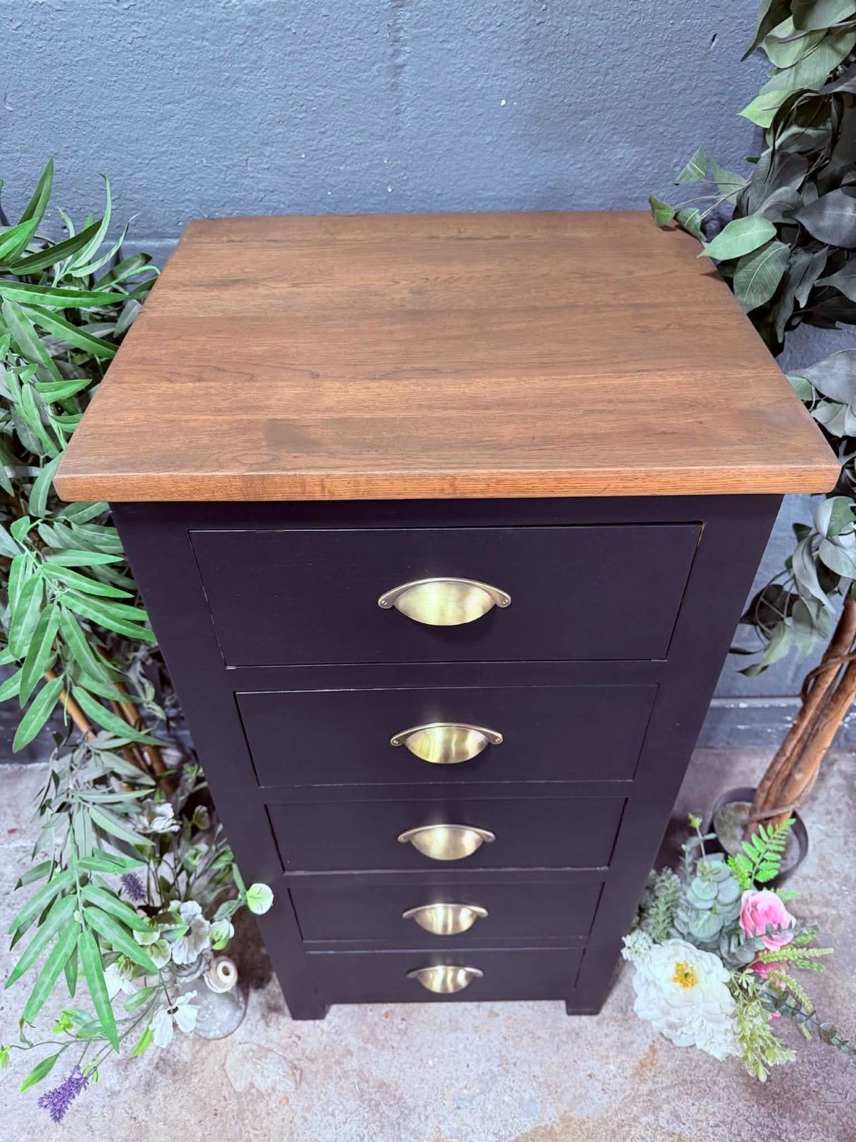 Professionally Hand Painted Oak Tall Chest Of Drawers Upcycled In Fusion Black photo 350.0