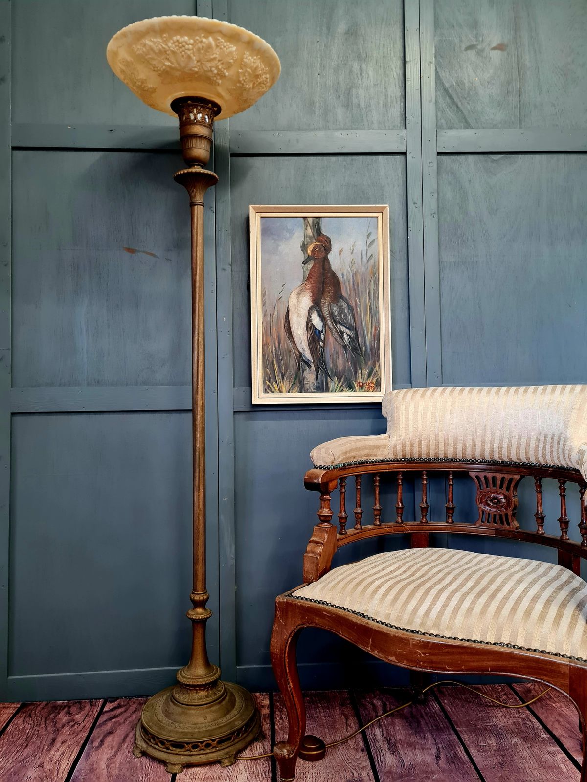 Brass Plated Pressed Glass Torchiere Floor Lamp | Art Nouveau Revival photo vinterior