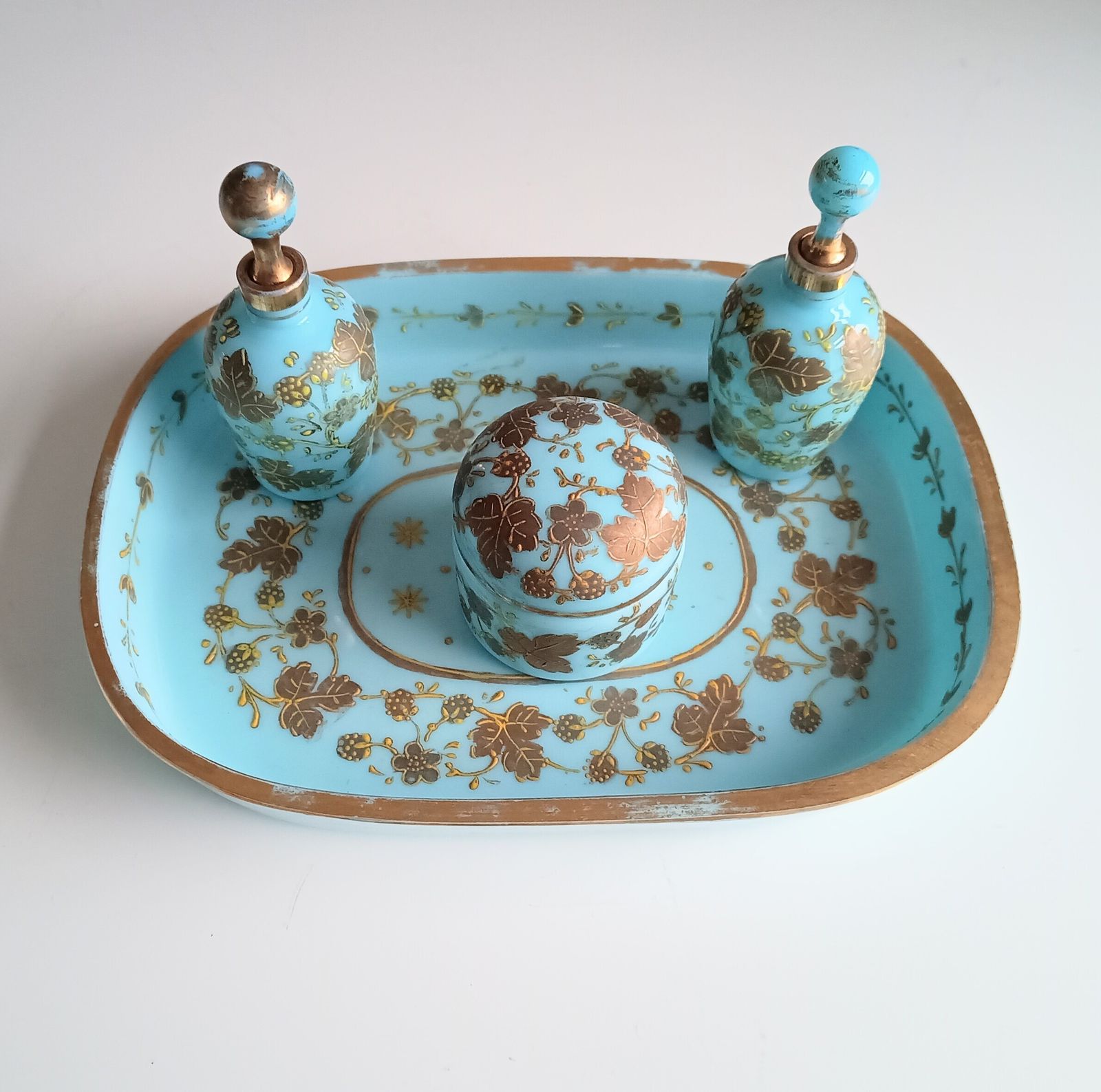 Robin Egg Blue Opaline Glass Set: Perfume Bottles, Rouge Jar & Tray, Palais Royal Baccarat Circle photo furniture
