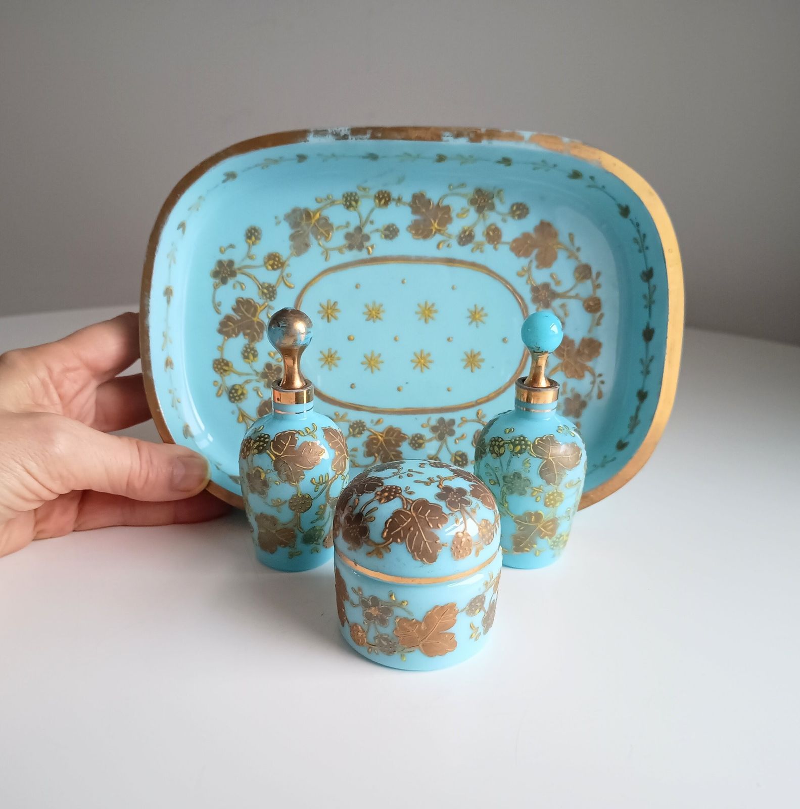 Home Decor Robin Egg Blue Opaline Glass Set: Perfume Bottles, Rouge Jar & Tray, Palais Royal Baccarat Circle photo