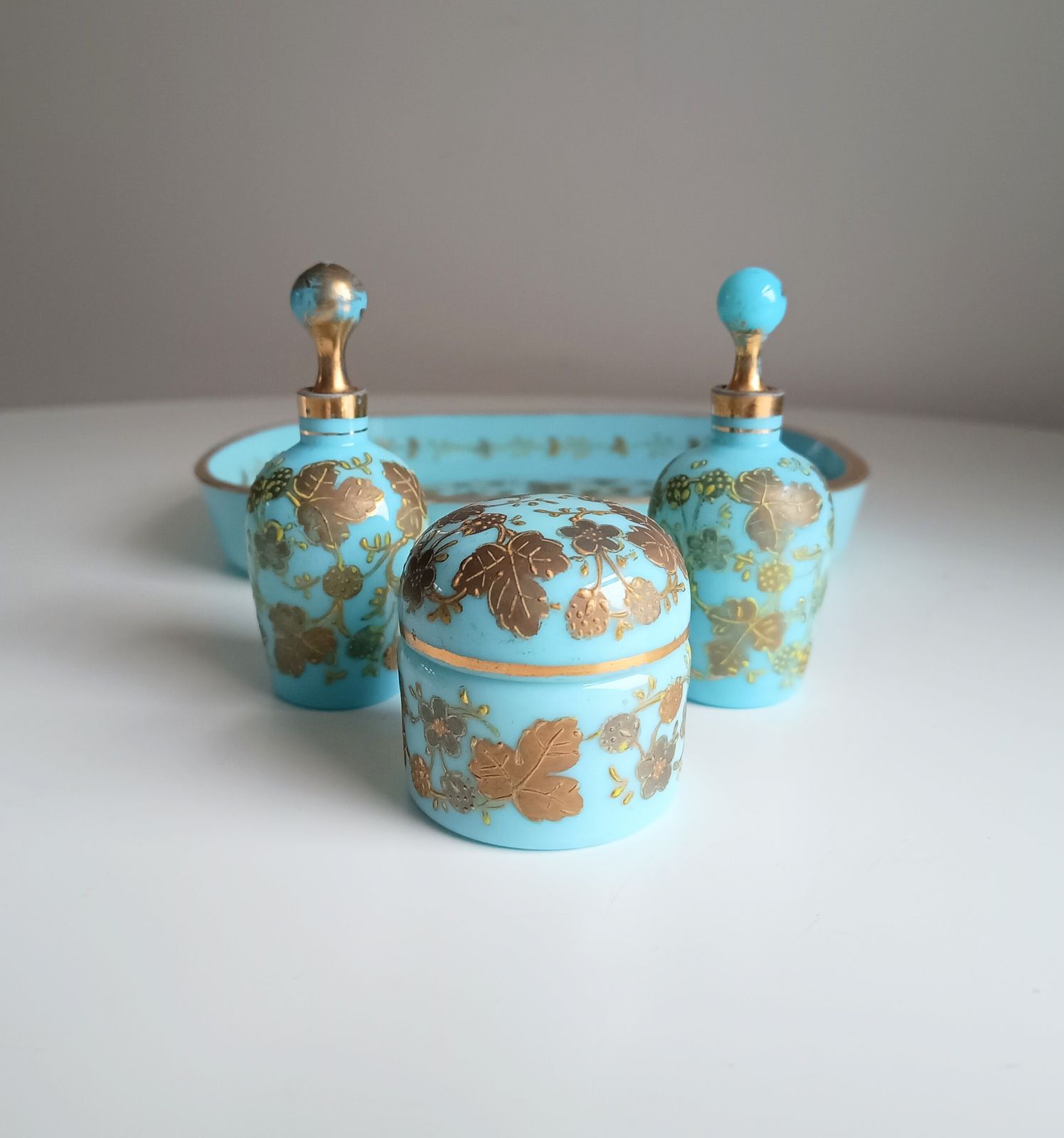 photo for sale Robin Egg Blue Opaline Glass Set: Perfume Bottles, Rouge Jar & Tray, Palais Royal Baccarat Circle