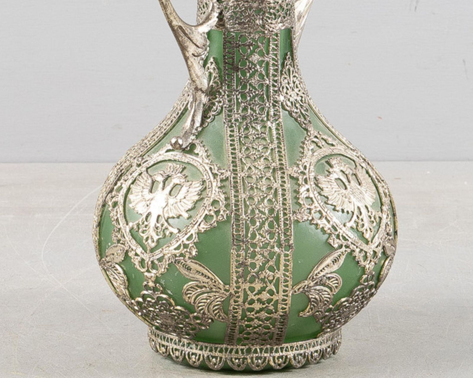 Antique Silver Vase, Art Nouveau Green Glass Vase With Silver Overlay, Early 20c photo Home Decor