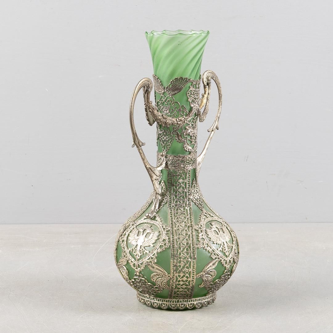 photo for sale Antique Silver Vase, Art Nouveau Green Glass Vase With Silver Overlay, Early 20c