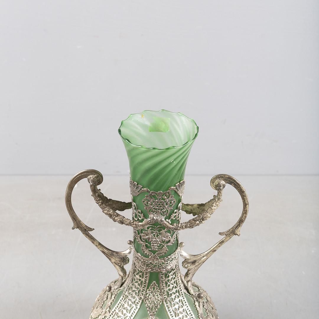 Home Decor Antique Silver Vase, Art Nouveau Green Glass Vase With Silver Overlay, Early 20c photo