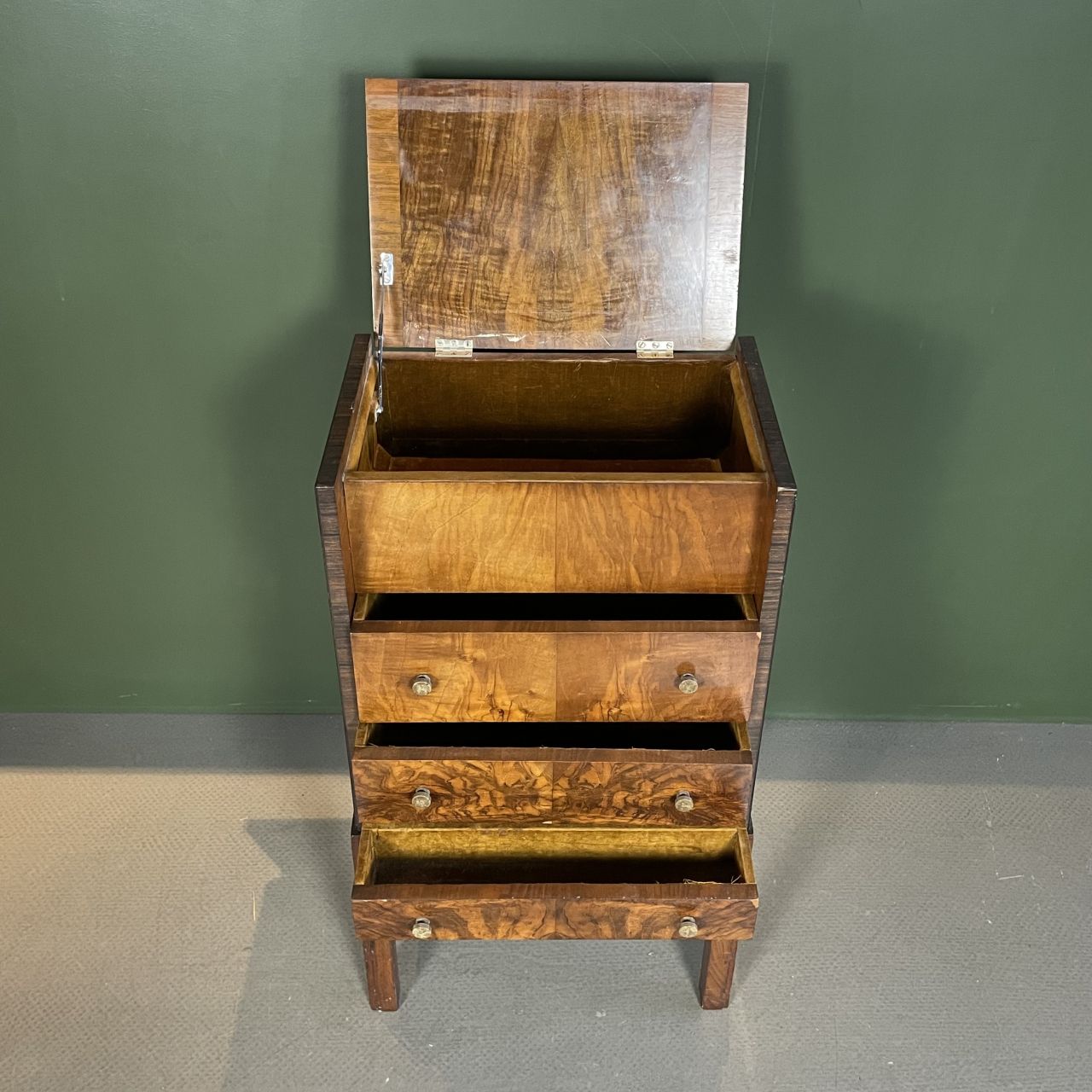 Art Deco Burr Tallboy Cabinet, 1930s photo for sale
