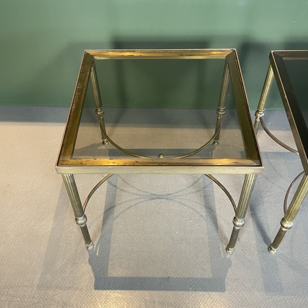 Pair Of Midcentury Brass And Smoked Glass Coffee Tables photo vinterior