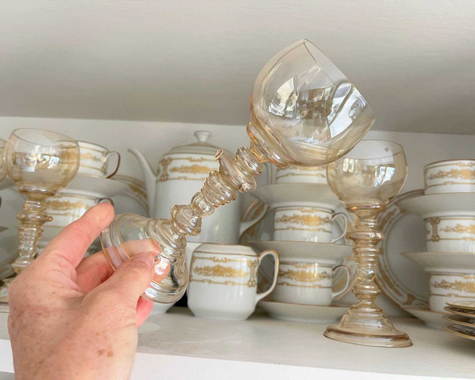 Hollow Stem Goblet Glass | 6pcs | Pearlmutt Theresienthal | Weird! photo vintage