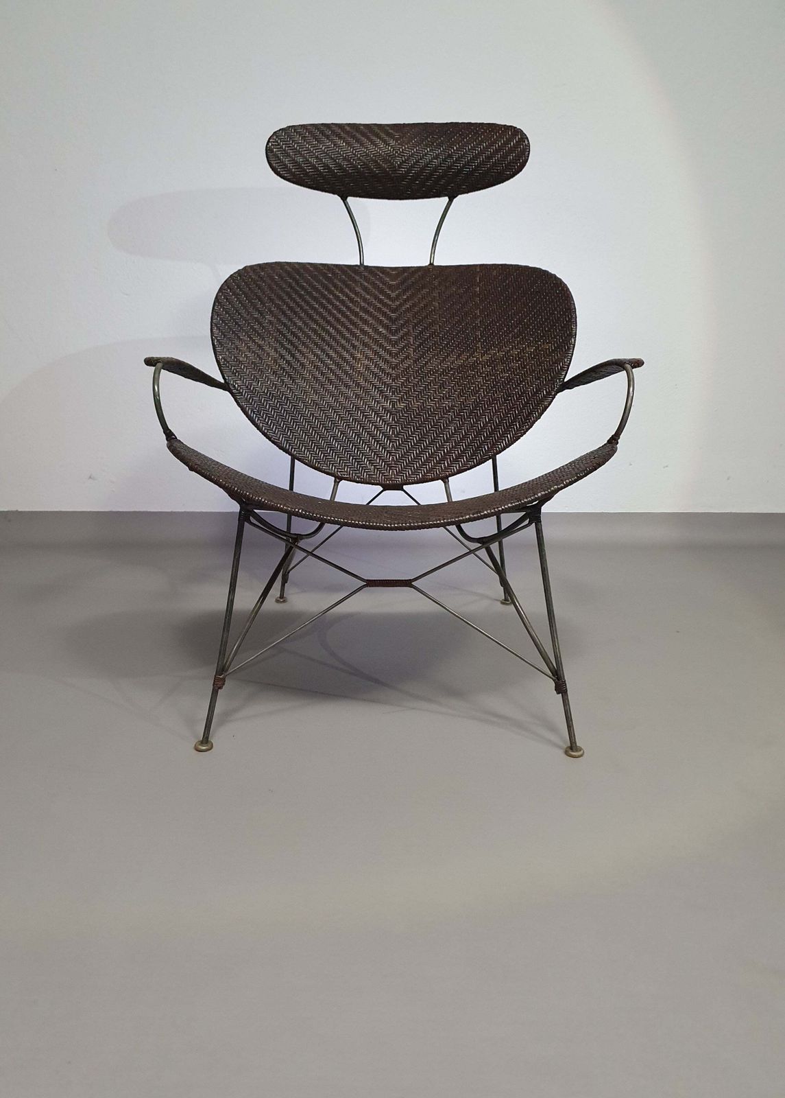 Brown Rattan And Metal Lounge Chair By Yuzuru Yamakawa, 1980s photo for sale