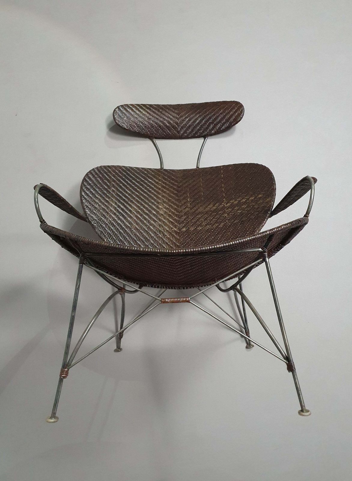 photo for sale Brown Rattan And Metal Lounge Chair By Yuzuru Yamakawa, 1980s