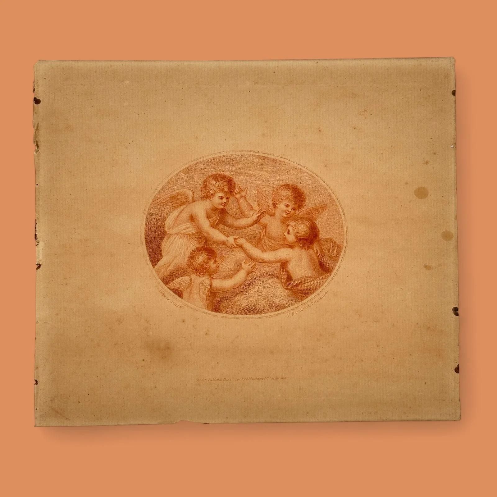 Antique Bartolozzi Cherub Stipple Engraving Pair, 1791 Georgian Gilt Frames photo 139.0