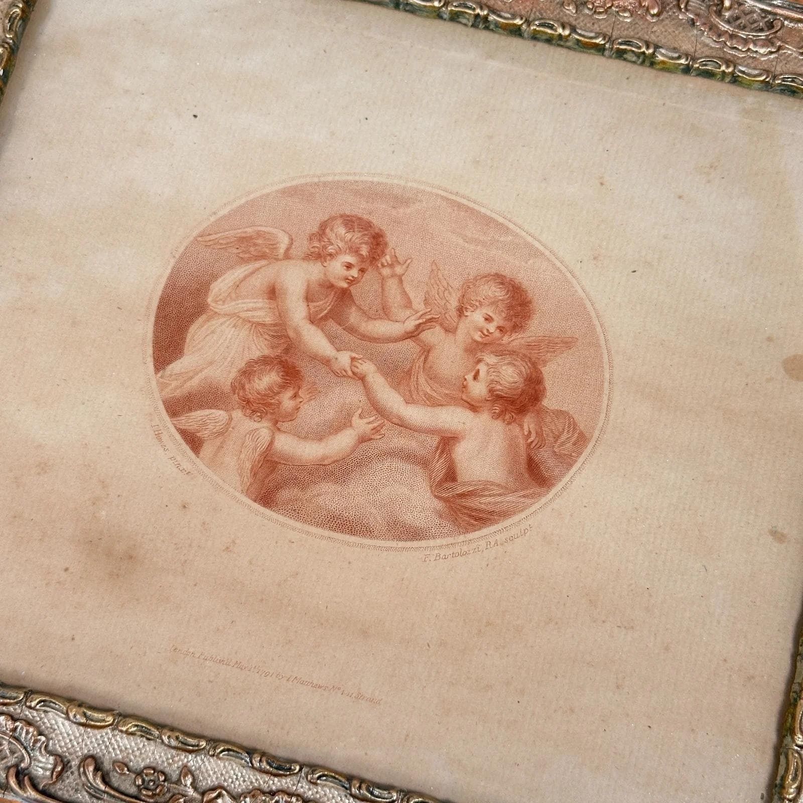 Antique Bartolozzi Cherub Stipple Engraving Pair, 1791 Georgian Gilt Frames photo vinterior