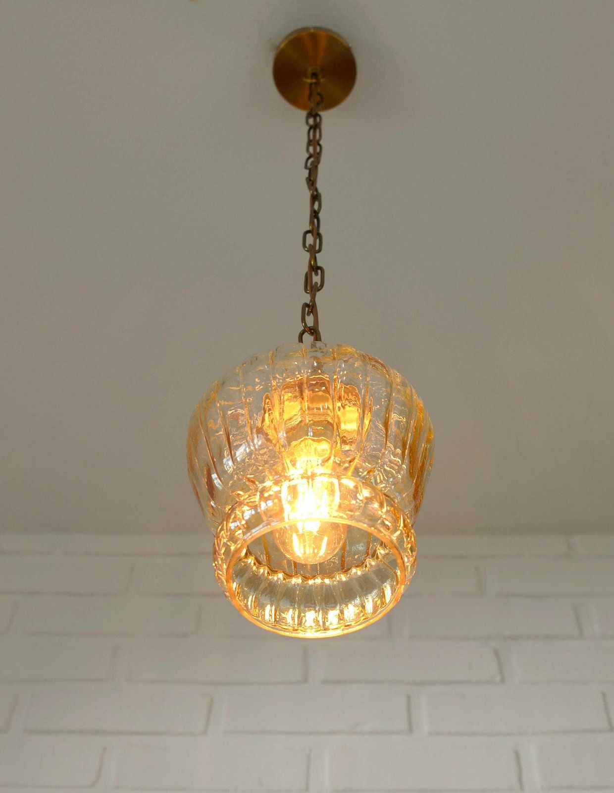 Vintage Old Gold Pendant Light, Amber Glass, 1960s Chain Lamp photo vintage