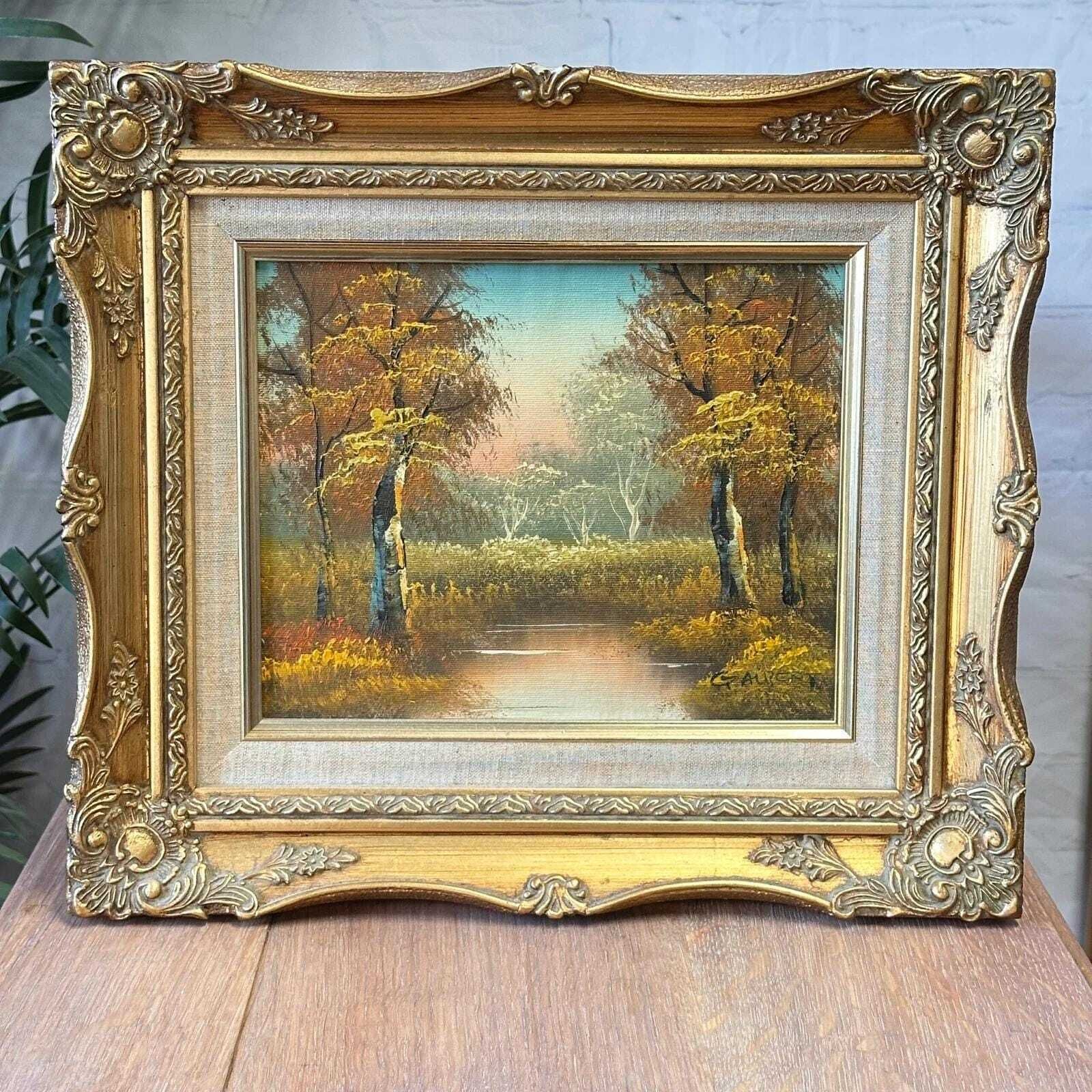 Signed G. Aubert Oil Painting Vintage Autumn Landscape Ornate Gold Gilt Frame photo furniture