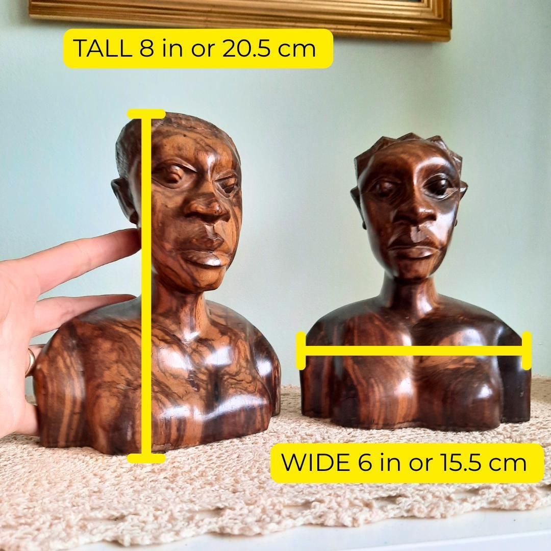 Mid Century African Marbled Wood Hand Carved Figural Bust Of A Male And Female Statue Bookends photo furniture