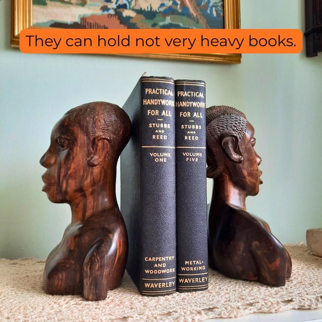 Mid Century African Marbled Wood Hand Carved Figural Bust Of A Male And Female Statue Bookends photo for sale