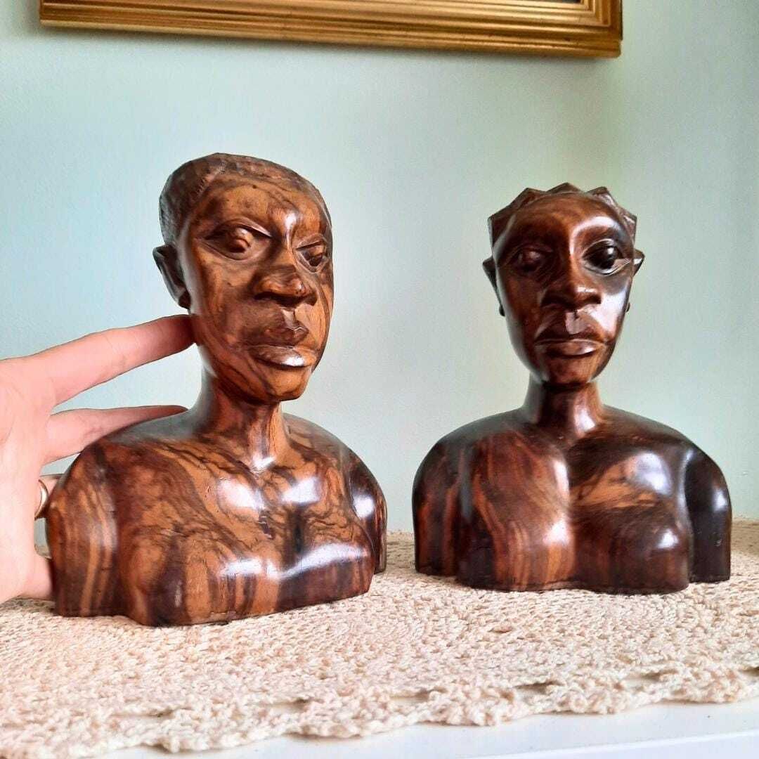 Mid Century African Marbled Wood Hand Carved Figural Bust Of A Male And Female Statue Bookends photo 60.0